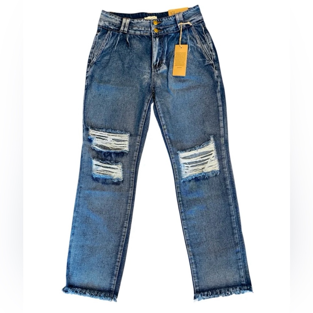 High Waisted Ripped Straight Leg Jeans Raw Hem Distressed Blue Size 3